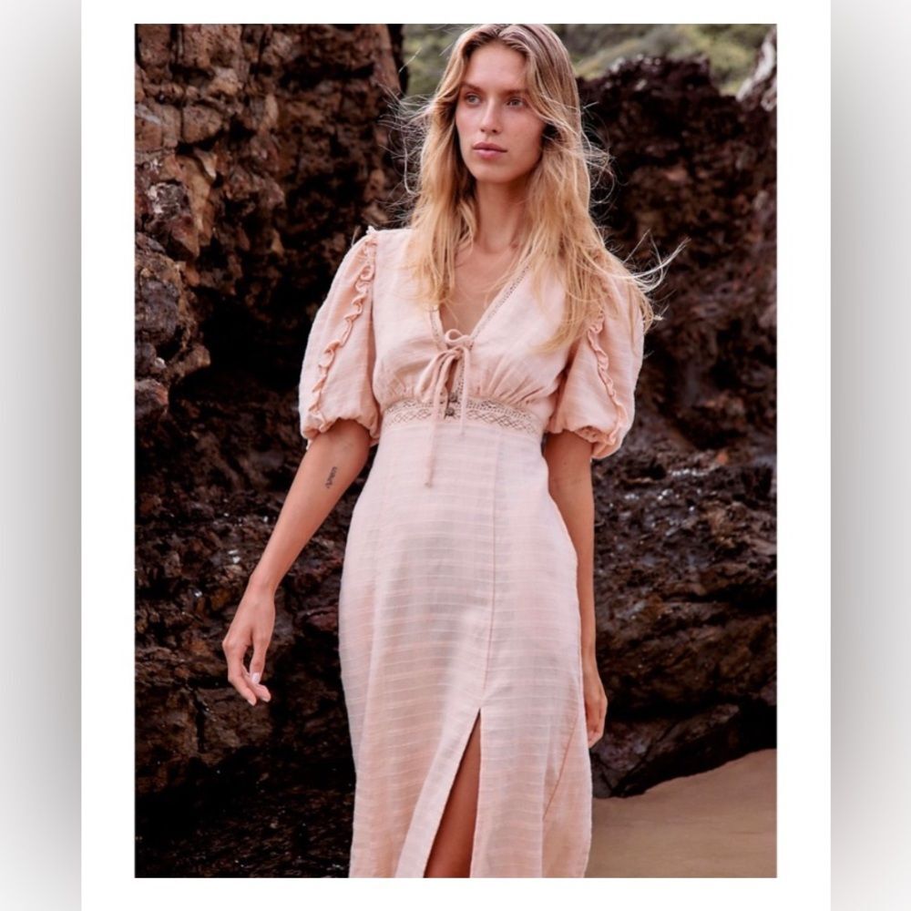 Free People Slow Pace Midi Dress Peach Pink Puff Sleeve Boho Romantic Size S